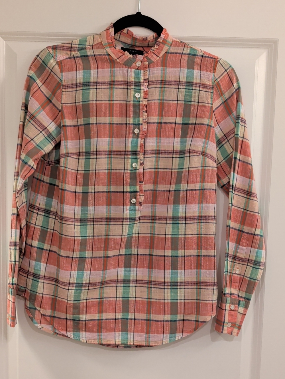 J. Crew Size 0- Coral Navy Green Mint Plaid Henley Top Ruffle